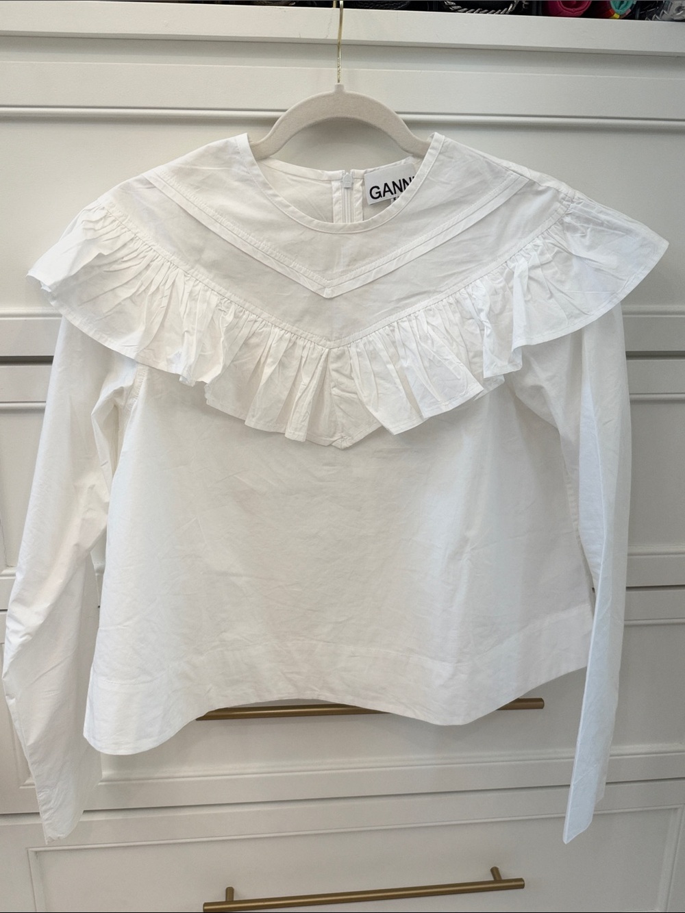Ganni White Ruffle-Yoke Cotton Blouse